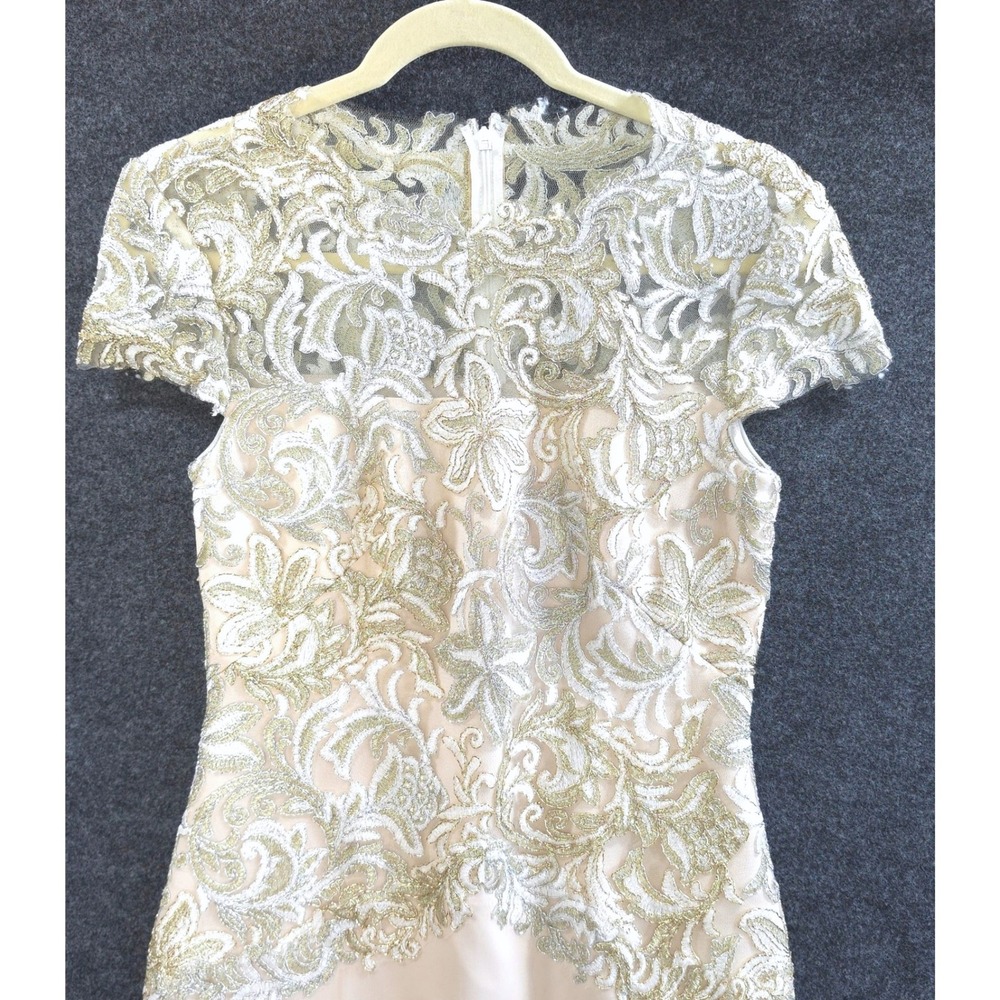 Tadashi Shoji Glam Lace Embroidered Cocktail Dress 6 Champagne Gold Silver Luxe - Picture 2 of 11